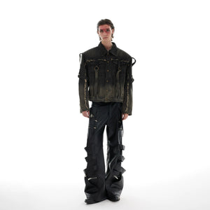 Wasteland style distressed black denim jacket with gradient wash