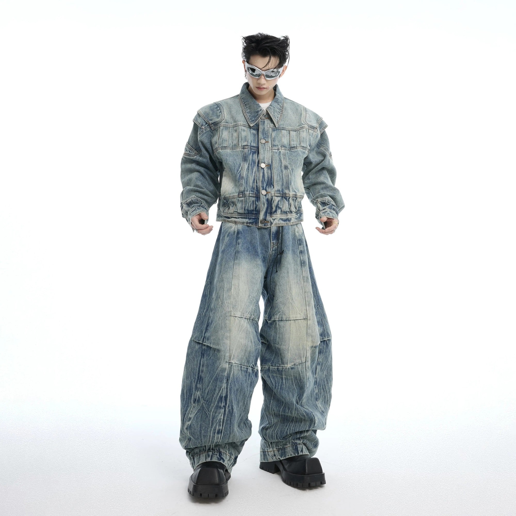 Front view of a men's deconstructed slub denim jacket with vintage wash.