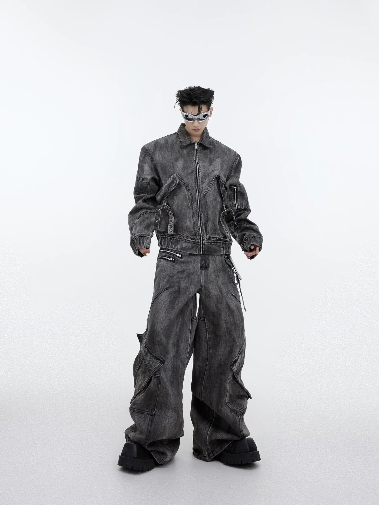Distressed Gray Wasteland Denim Jacket and Cargo Pants Set Front View