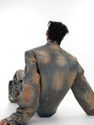 Distressed Denim Jacket & Flared Pants Set in Blue - main image 4