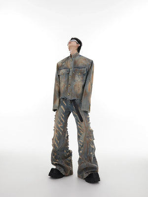 Distressed Denim Jacket & Flared Pants Set in Blue - main image 1