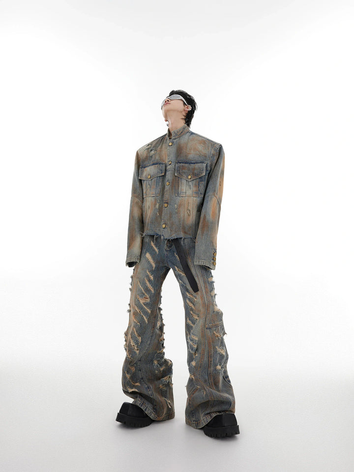 Distressed Denim Jacket & Flared Pants Set in Blue - main image 1