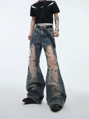 distressed-hollow-out-flare-jeans-vintage-gradient-denim-blue