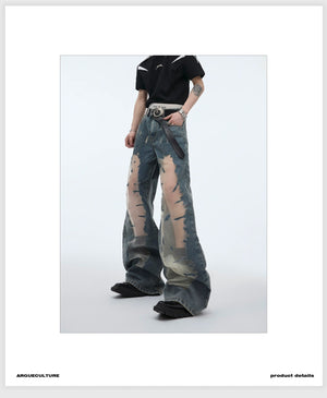 desc::distressed-hollow-out-flare-jeans-vintage-gradient-denim-detail-img-2