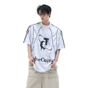 Front view of gray distressed paneled streetwear jersey tee