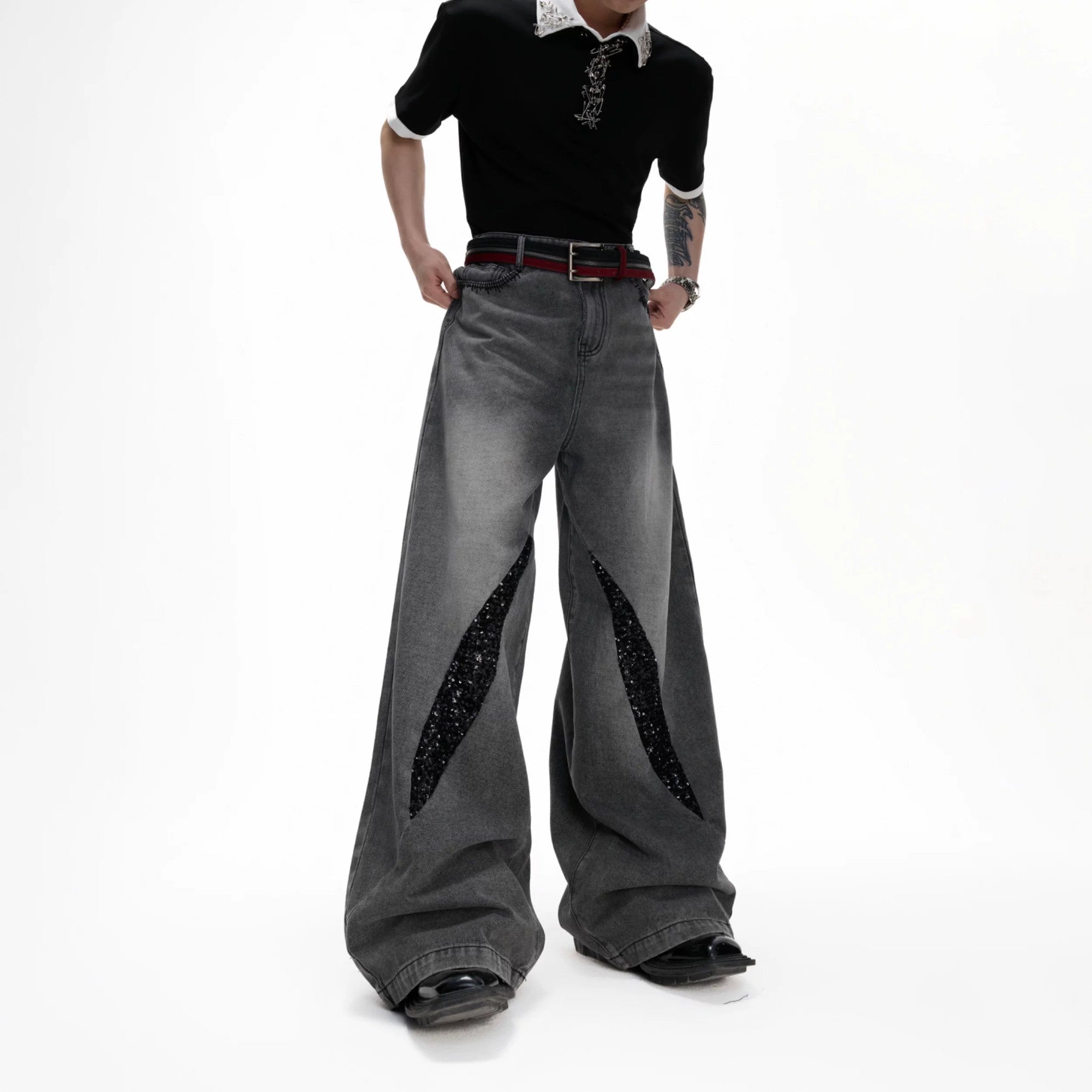 Men's baggy straight leg jeans with black sequin patchwork details