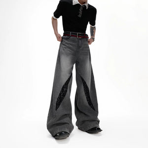 Men's baggy straight leg jeans with black sequin patchwork details