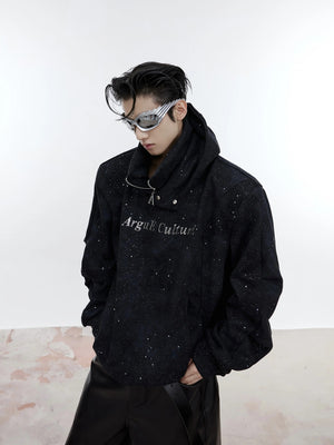 Front view of black distressed shimmer oversized hoodie with double layer collar