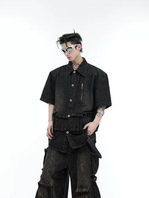 Front view of a distressed blue short sleeve denim jacket with tie-dye effect