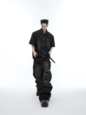 Model wearing a loose fit deconstructed denim jacket for summer