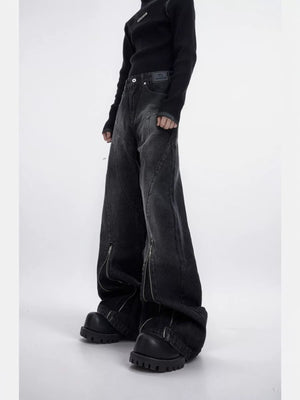 Close up of 3D structural lines and distressed texture on flared jeans