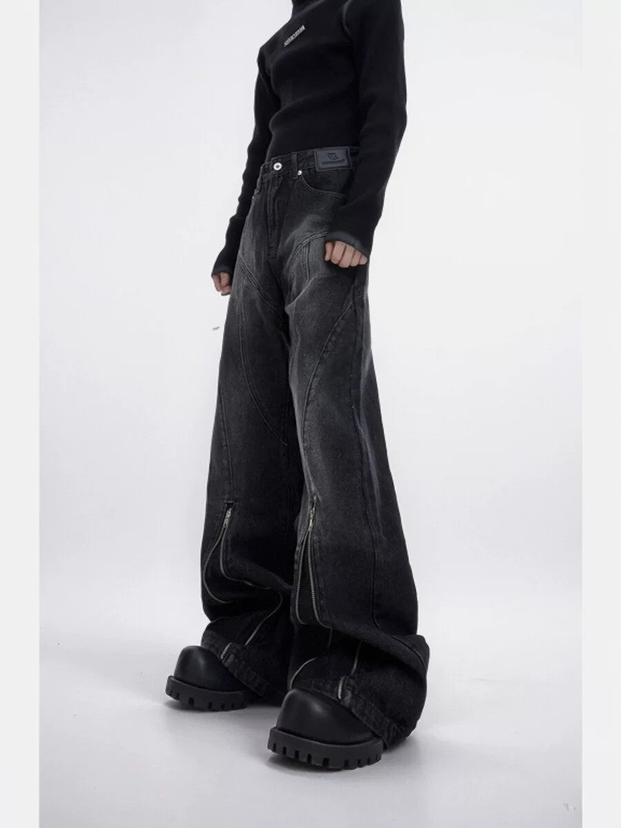 Close up of 3D structural lines and distressed texture on flared jeans