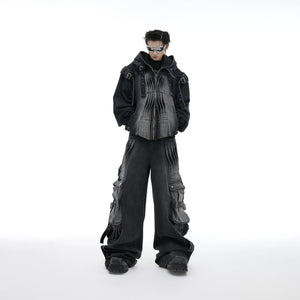 Model wearing black distressed cargo pants with streetwear style