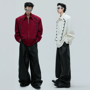 Lifestyle shot of the unisex French palace jacket in a street setting