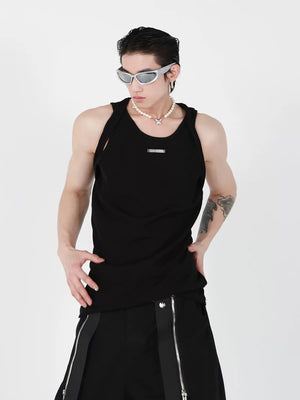 Front view of black double strap slim fit tank top with metal accents