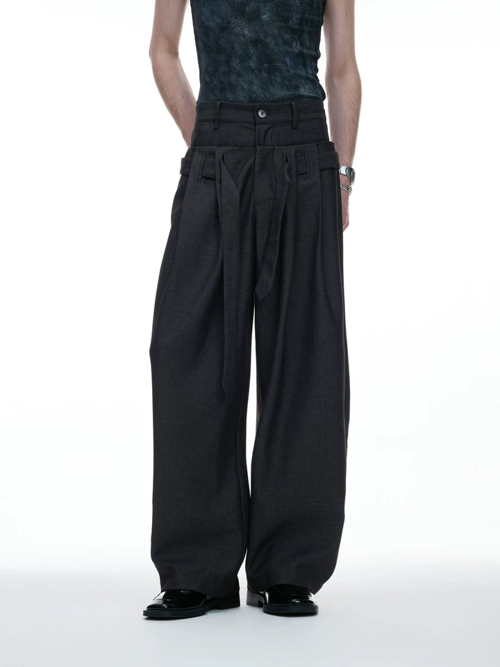 Draped Wide-Leg Tie-Belt Trousers in Black & Beige - main image 1