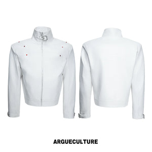 Embossed Croc Faux Leather Cropped Jacket | Stand Collar - White