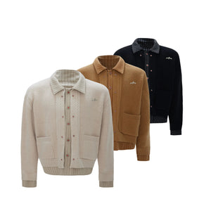 Front view of black striped wool cardigan with palace style jewel buttons