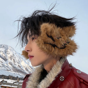 Streetwear model wearing brown faux fur ear warmers with cargo jacket