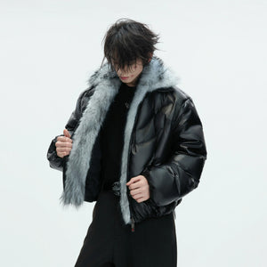 Back view of deconstructed black down jacket for winter