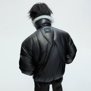 Close-up of high-quality faux wolf fur collar and tech fabric