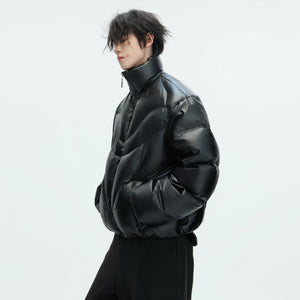 Model wearing loose fit asymmetric streetwear down coat