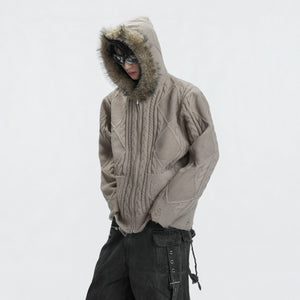 Men's streetwear gray wool knit cardigan with faux fur collar