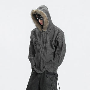 Unisex brown knit sweater with fur trim for winter street style