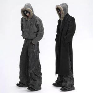 Model wearing oversized fur collar cardigan in urban setting