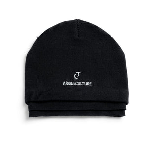 Side view of the adjustable cuff on the wool blend distressed beanie