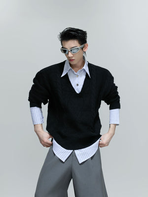 faux-two-piece-cable-knit-polo-sweater-oversized-streetwear-gray