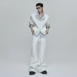 Front view of the gray faux two-piece striped cardigan sweatshirt