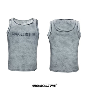 Fitted Graphic Layered Tank Top in Ribbed Stretch Knit - Gray