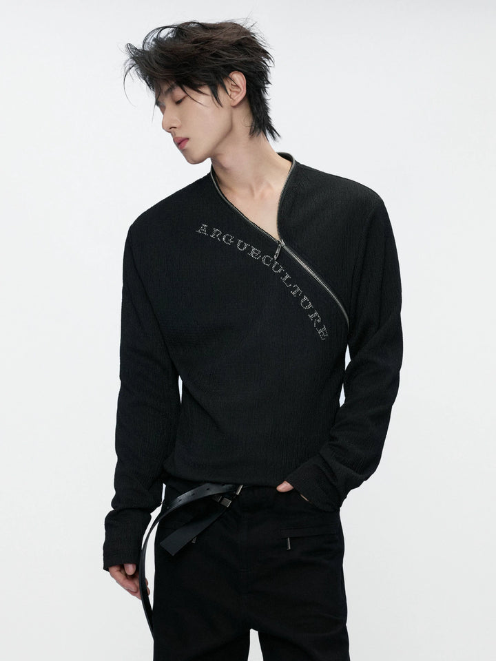 Fitted Rhinestone Zip Long-Sleeve Top | Textured - main image 1
