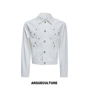 Floral Embroidered Rivet Cropped Denim Jacket - Washed White