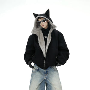 Front view of the black fox ear hooded padded jacket in a loose street style.