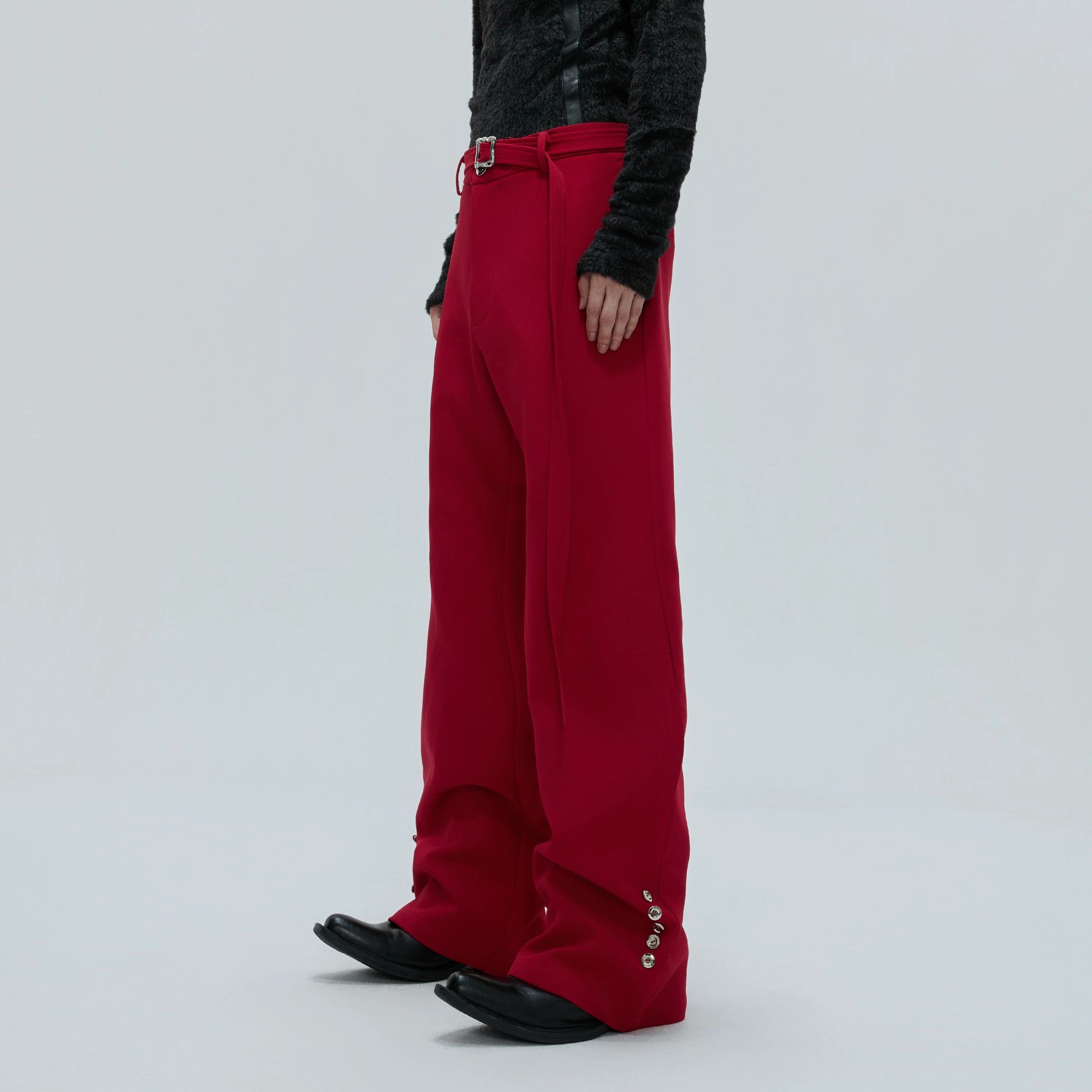 Men's slim fit flare wool trousers with detachable fur trim front view