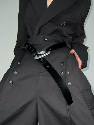 Industrial titanium-finish hook buckle on black streetwear belt