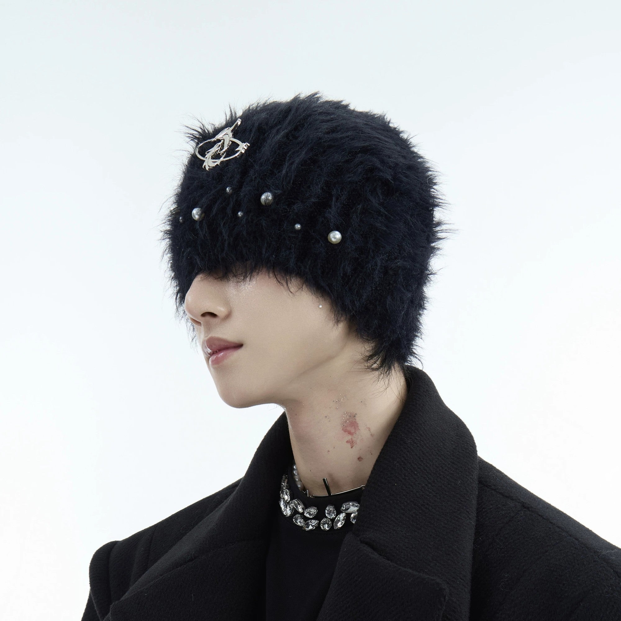 Black fuzzy mohair knitted beanie front view streetwear style