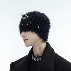 Black fuzzy mohair knitted beanie front view streetwear style