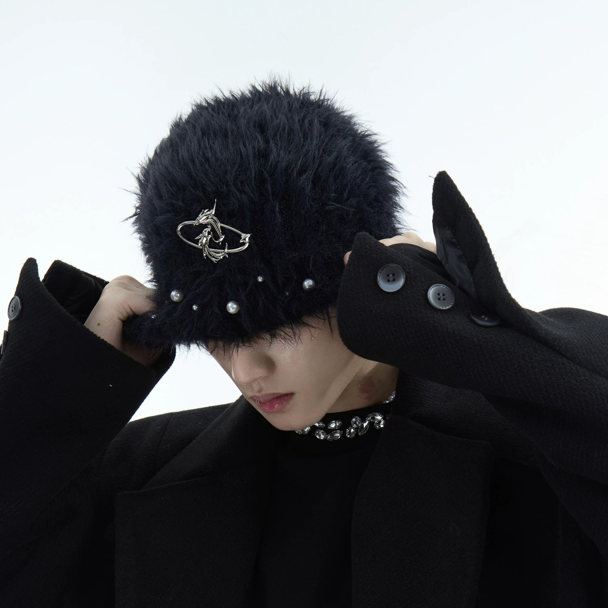 White plush knitted beanie side view cozy winter headwear