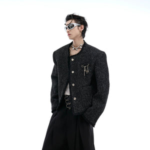 Front view of a men's glossy black textured tweed jacket with button closure