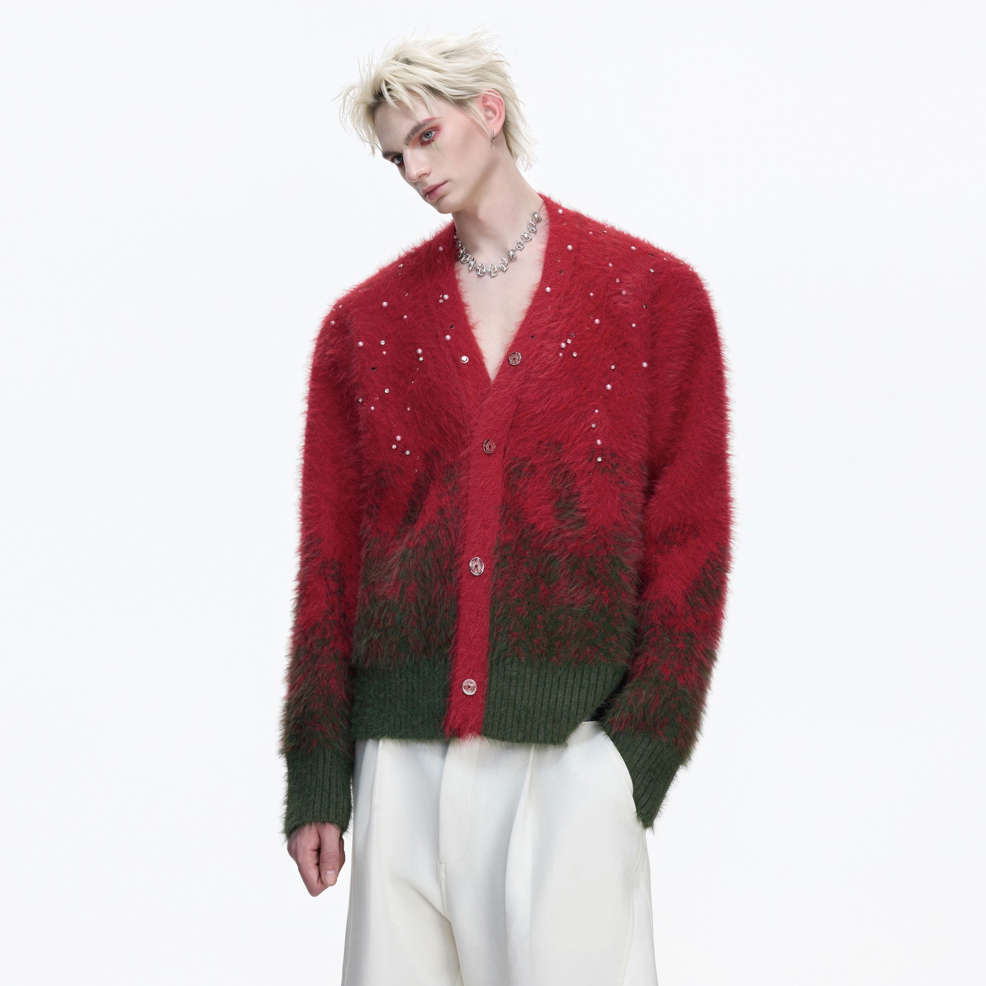 White gradient faux mink cardigan with pearl details front view