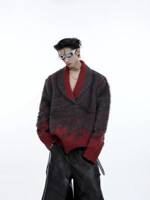 Front view of a loose gradient faux mink V-neck streetwear sweater