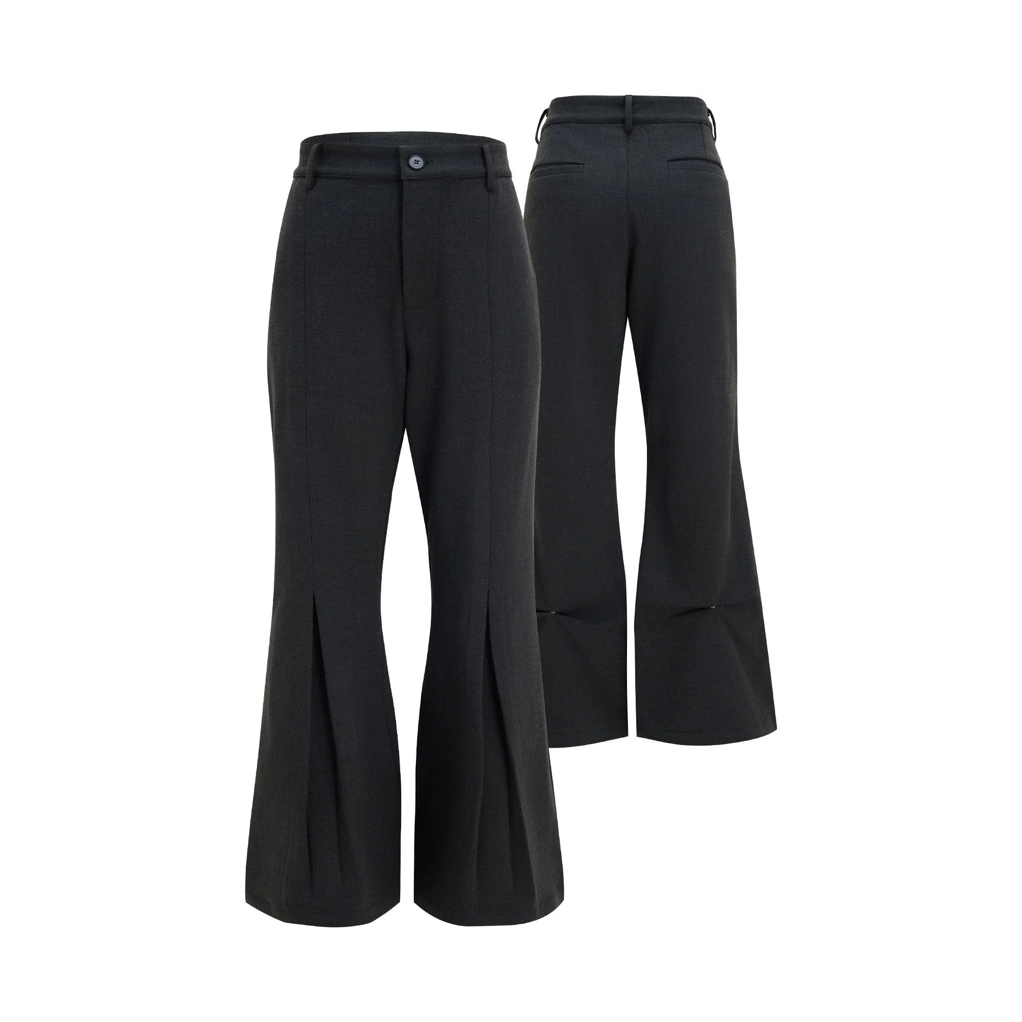 Front view of heavy drape wool pleated flare trousers in black