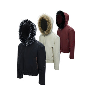 Close-up of black heavy embroidered washed leather jacket with stand collar