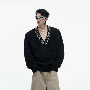 heavyweight-argyle-rhinestone-v-neck-knit-sweater-black