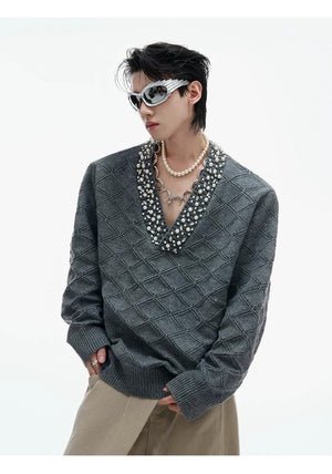 desc::heavyweight-argyle-rhinestone-v-neck-knit-sweater-detail-img-8