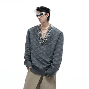 heavyweight-argyle-rhinestone-v-neck-knit-sweater-gray