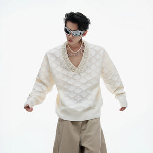 White heavyweight argyle sweater with v-neck design for men and women